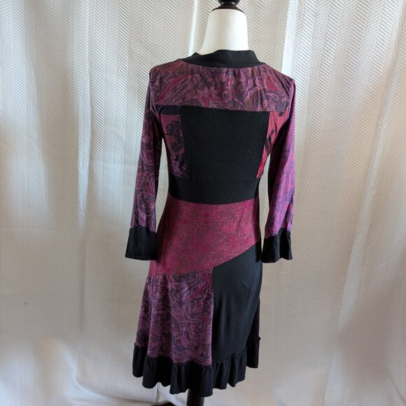Tricotto Patchwork Paisley Dress Black Purple Mesh Detail Small Art to wear Y2K - Picture 3 of 13